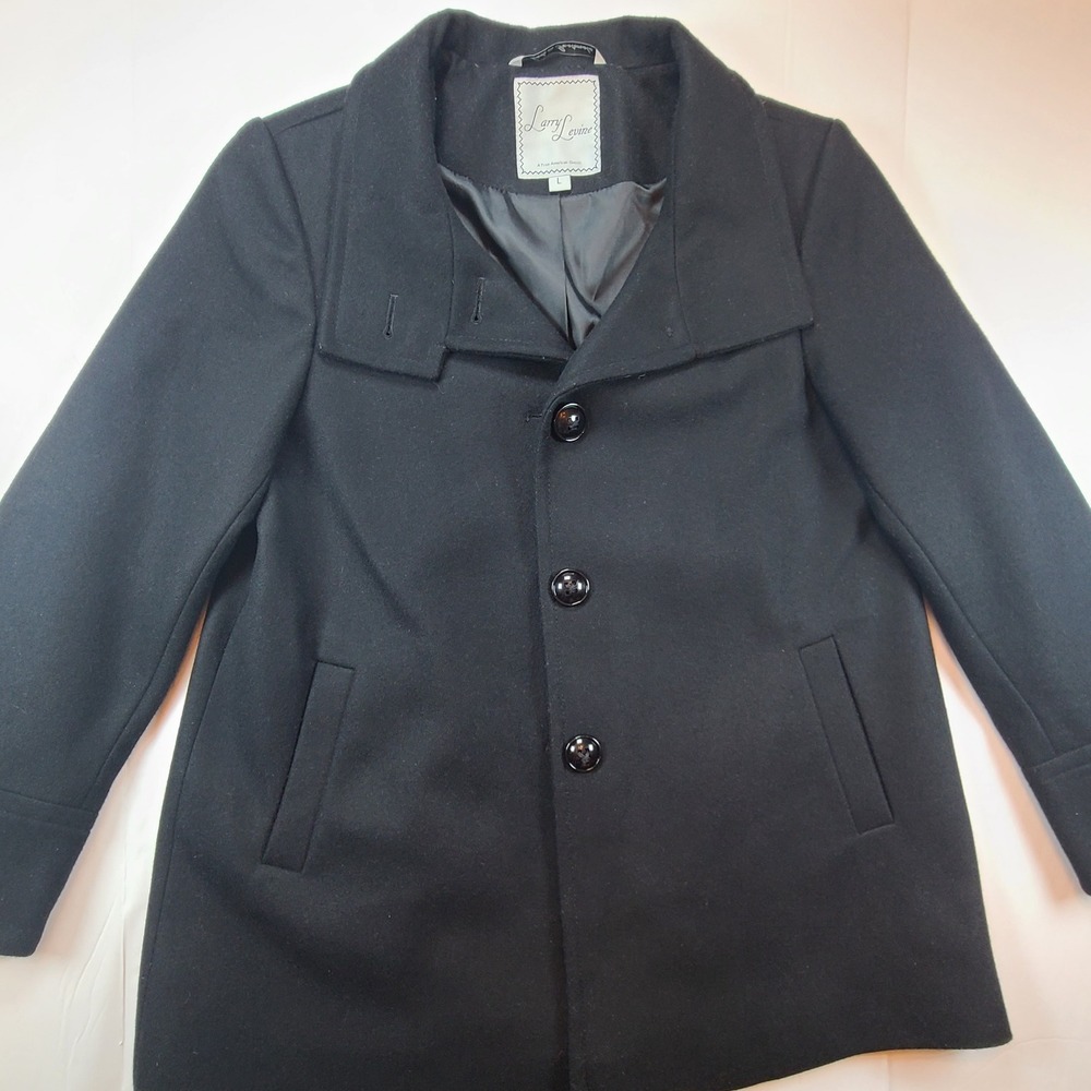 Larry Levine Black Wool Blend Coat Women's Size L‎ Button Front Collar Pocket
